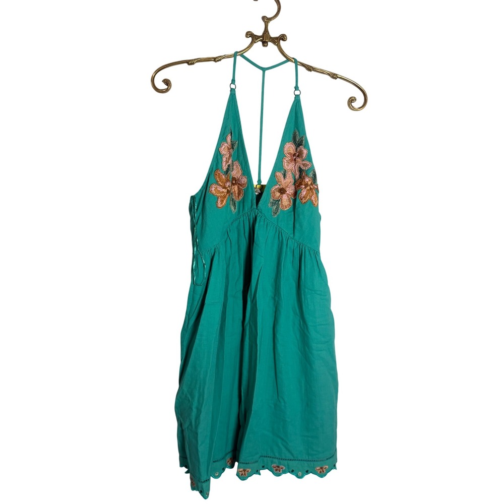 Free People Teal Green Floral Embroidered Halter Mini Dress Cotton Size Small